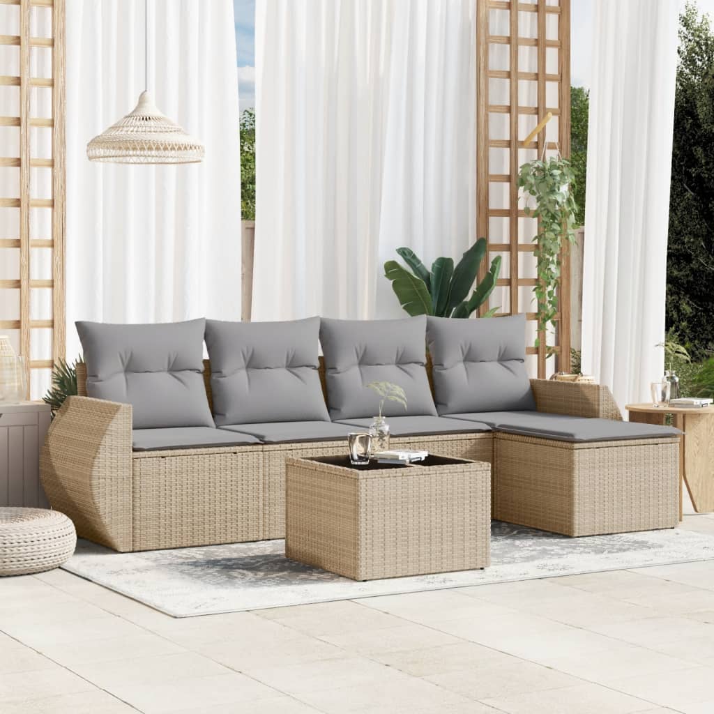 5-tlg. Garten-Sofagarnitur mit Kissen Schwarz Poly Rattan