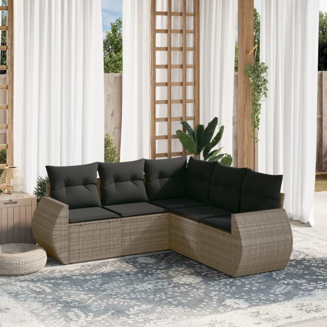 5-tlg. Garten-Sofagarnitur mit Kissen Schwarz Poly Rattan