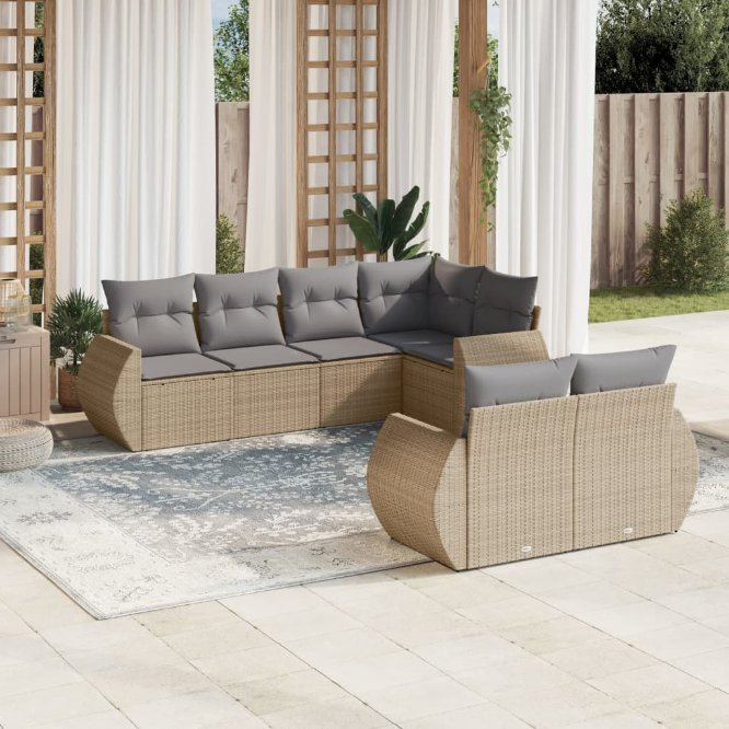 7-tlg. Garten-Sofagarnitur mit Kissen Schwarz Poly Rattan