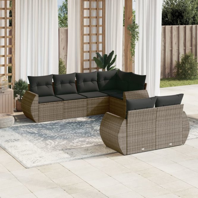 7-tlg. Garten-Sofagarnitur mit Kissen Schwarz Poly Rattan
