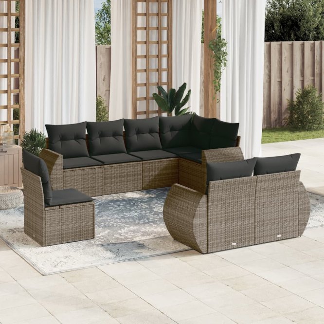 8-tlg. Garten-Sofagarnitur mit Kissen Schwarz Poly Rattan