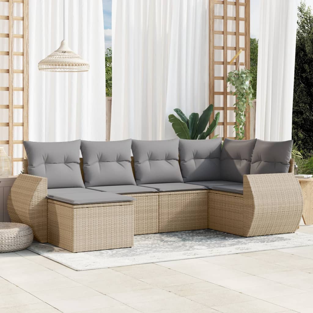 6-tlg. Garten-Sofagarnitur mit Kissen Schwarz Poly Rattan