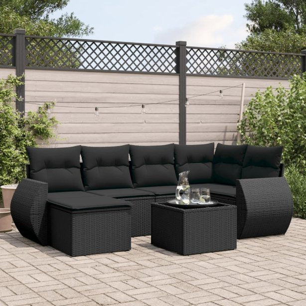 6-tlg. Garten-Sofagarnitur mit Kissen Schwarz Poly Rattan