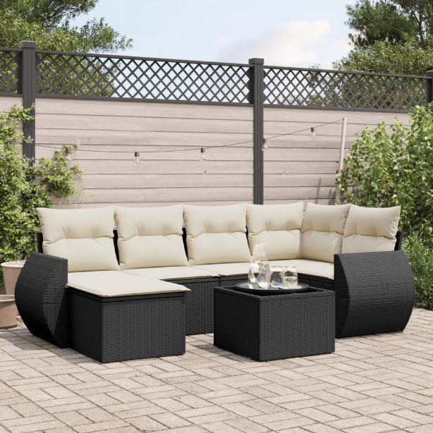 6-tlg. Garten-Sofagarnitur mit Kissen Schwarz Poly Rattan