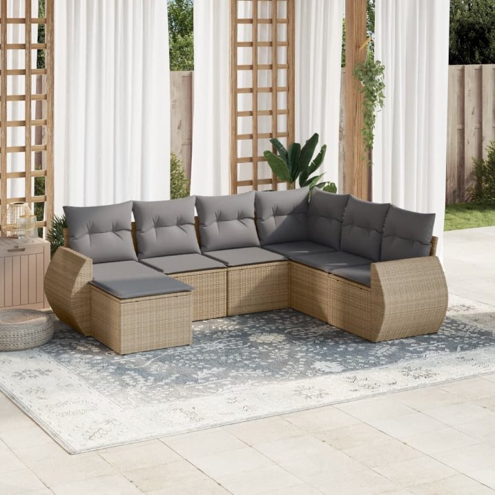 7-tlg. Garten-Sofagarnitur mit Kissen Schwarz Poly Rattan