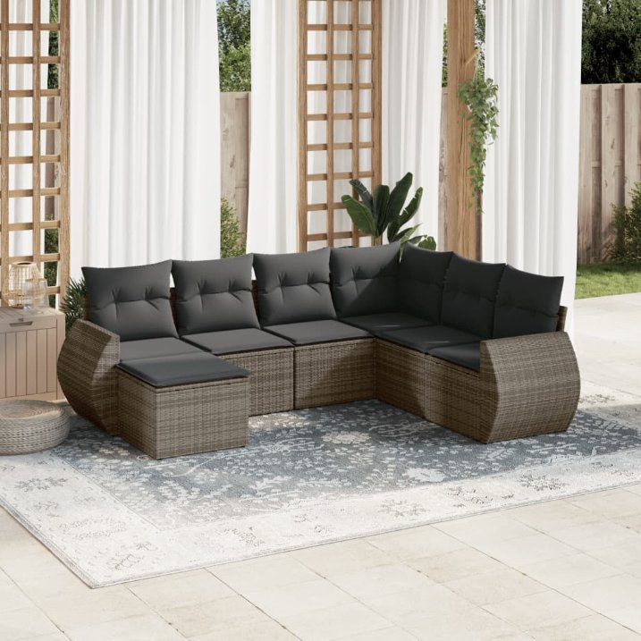 7-tlg. Garten-Sofagarnitur mit Kissen Schwarz Poly Rattan