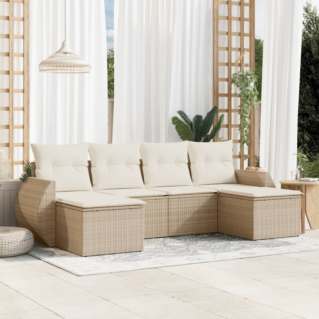 6-tlg. Garten-Sofagarnitur mit Kissen Schwarz Poly Rattan