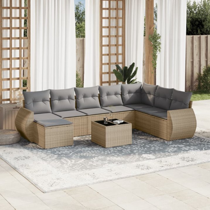 8-tlg. Garten-Sofagarnitur mit Kissen Schwarz Poly Rattan