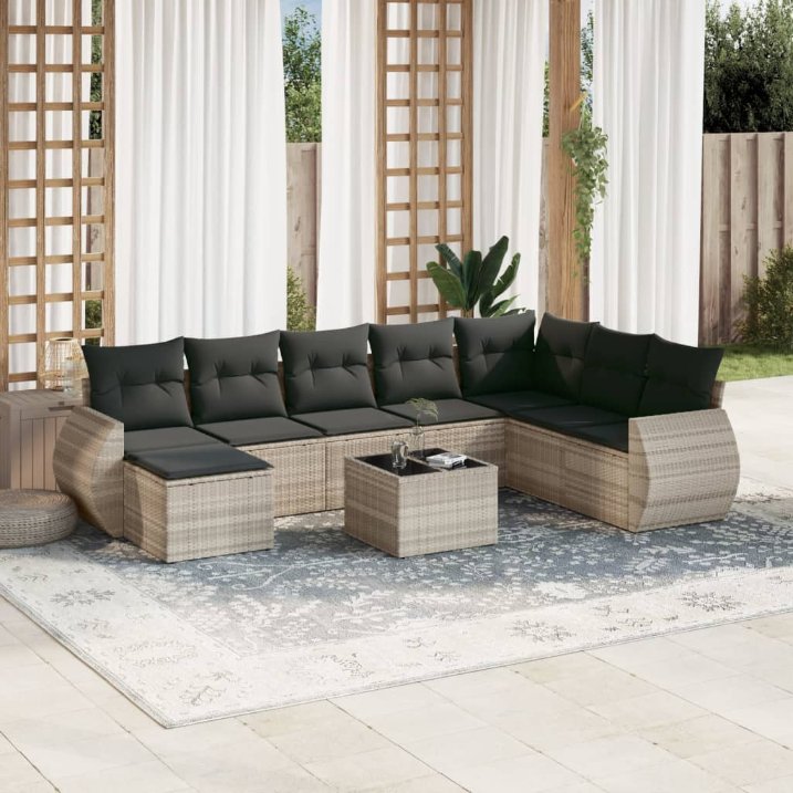 8-tlg. Garten-Sofagarnitur mit Kissen Schwarz Poly Rattan