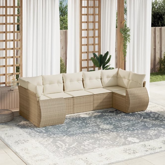 7-tlg. Garten-Sofagarnitur mit Kissen Schwarz Poly Rattan