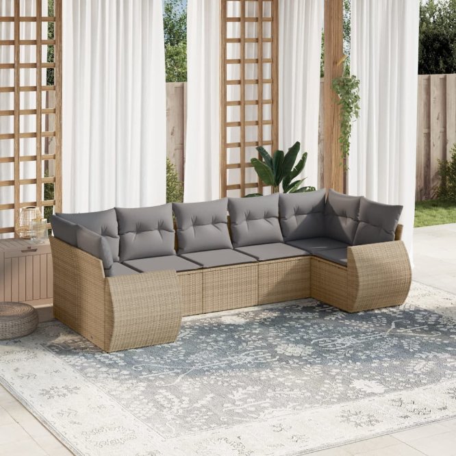 7-tlg. Garten-Sofagarnitur mit Kissen Schwarz Poly Rattan