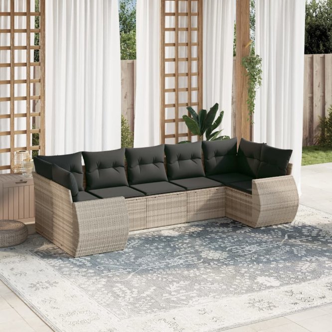 7-tlg. Garten-Sofagarnitur mit Kissen Schwarz Poly Rattan