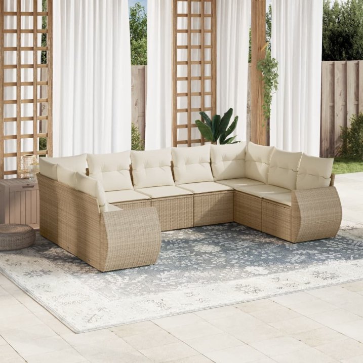 9-tlg. Garten-Sofagarnitur mit Kissen Schwarz Poly Rattan
