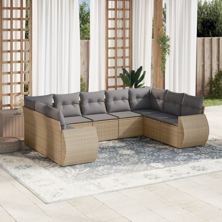9-tlg. Garten-Sofagarnitur mit Kissen Schwarz Poly Rattan