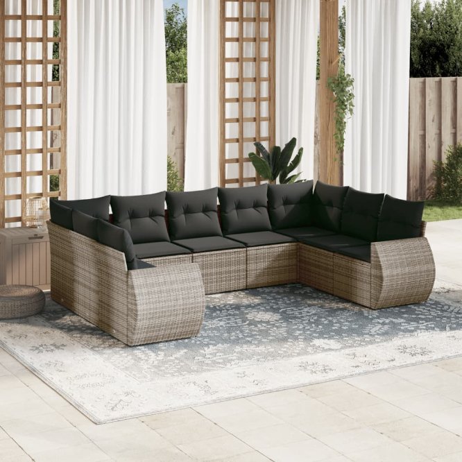 9-tlg. Garten-Sofagarnitur mit Kissen Schwarz Poly Rattan