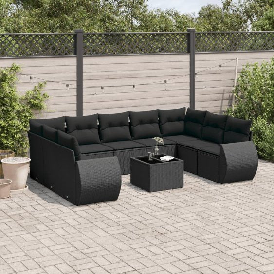 9-tlg. Garten-Sofagarnitur mit Kissen Schwarz Poly Rattan