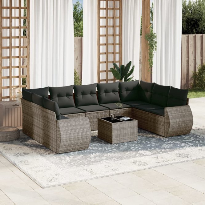 9-tlg. Garten-Sofagarnitur mit Kissen Schwarz Poly Rattan