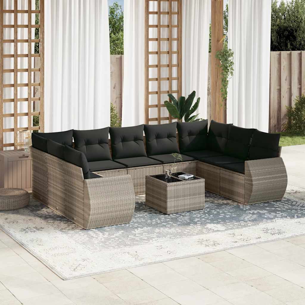 9-tlg. Garten-Sofagarnitur mit Kissen Schwarz Poly Rattan