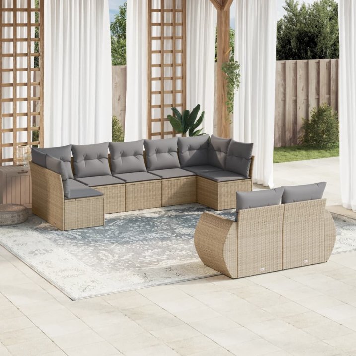 9-tlg. Garten-Sofagarnitur mit Kissen Schwarz Poly Rattan