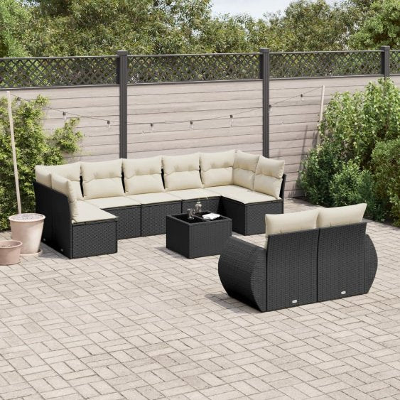 9-tlg. Garten-Sofagarnitur mit Kissen Schwarz Poly Rattan