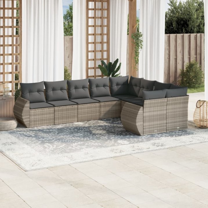 9-tlg. Garten-Sofagarnitur mit Kissen Schwarz Poly Rattan