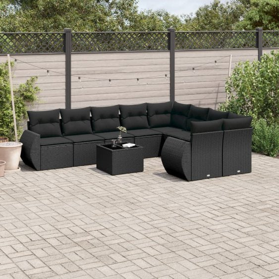 9-tlg. Garten-Sofagarnitur mit Kissen Schwarz Poly Rattan