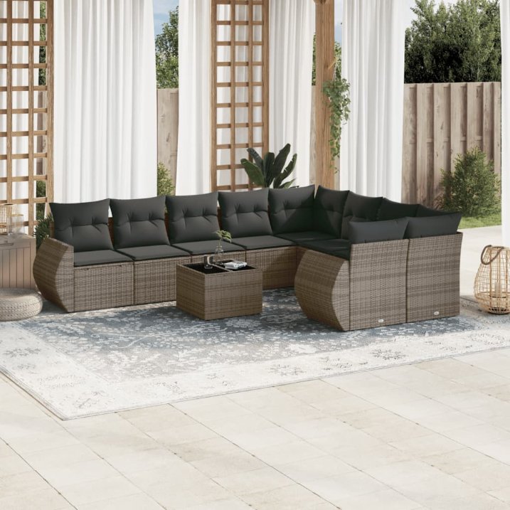 9-tlg. Garten-Sofagarnitur mit Kissen Schwarz Poly Rattan