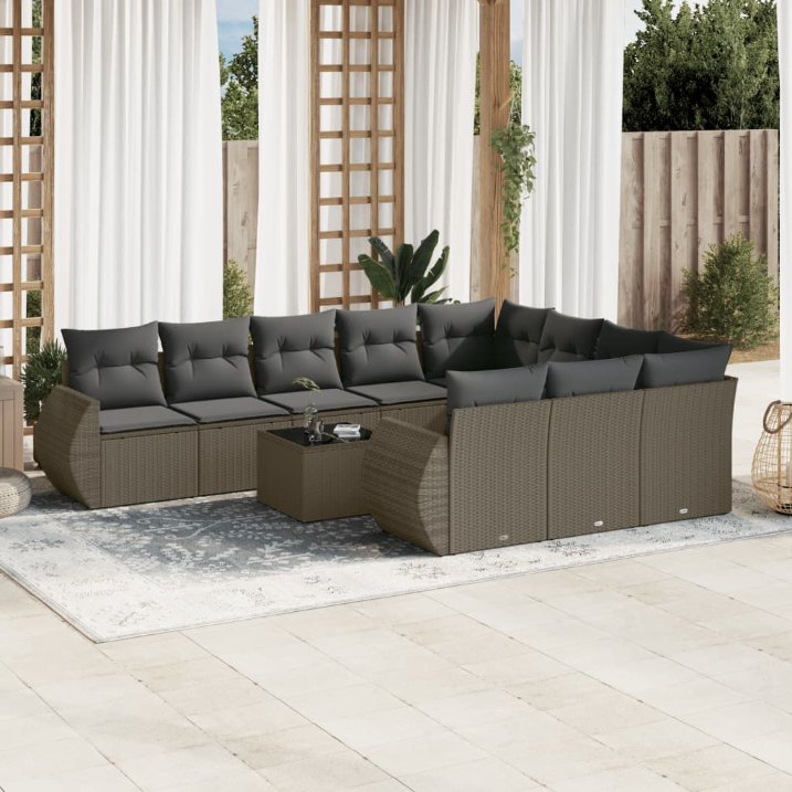 vidaXL 10-tlg. Garten-Sofagarnitur mit Kissen Schwarz Poly Rattan