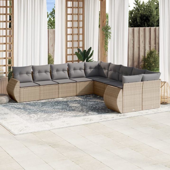 vidaXL 10-tlg. Garten-Sofagarnitur mit Kissen Schwarz Poly Rattan