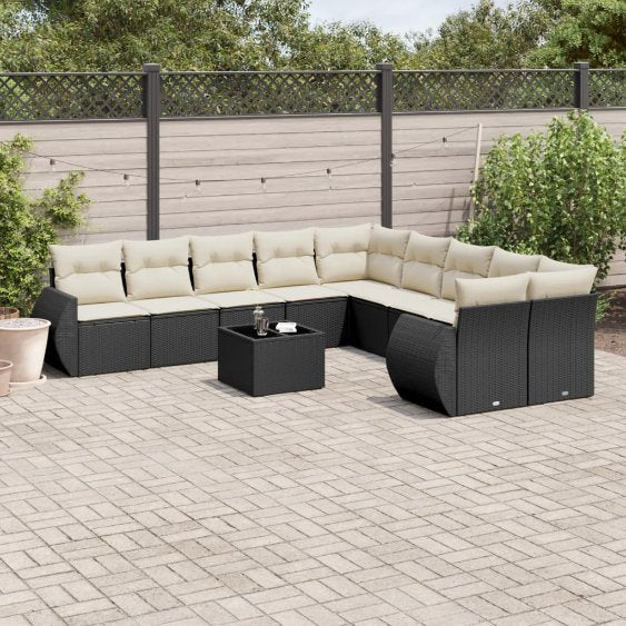 vidaXL 10-tlg. Garten-Sofagarnitur mit Kissen Schwarz Poly Rattan