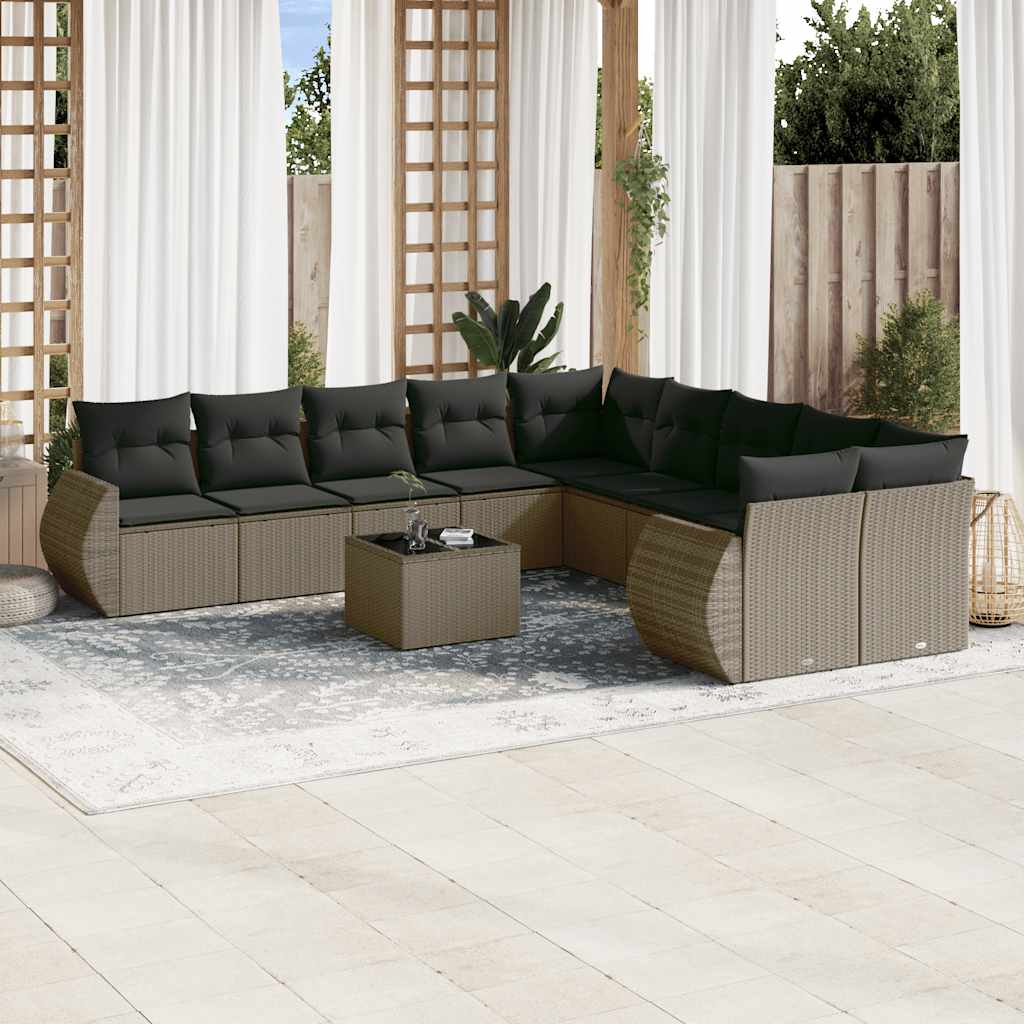 vidaXL 10-tlg. Garten-Sofagarnitur mit Kissen Schwarz Poly Rattan