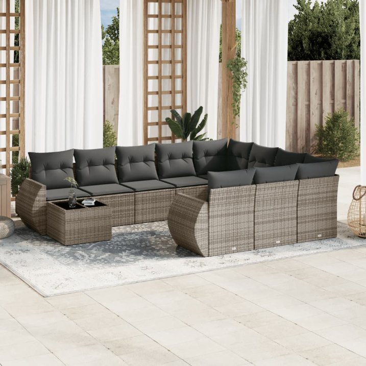 11-tlg. Garten-Sofagarnitur mit Kissen Schwarz Poly Rattan