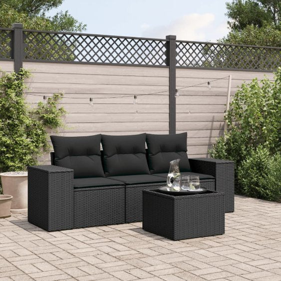 3-tlg. Garten-Sofagarnitur mit Kissen Schwarz Poly Rattan
