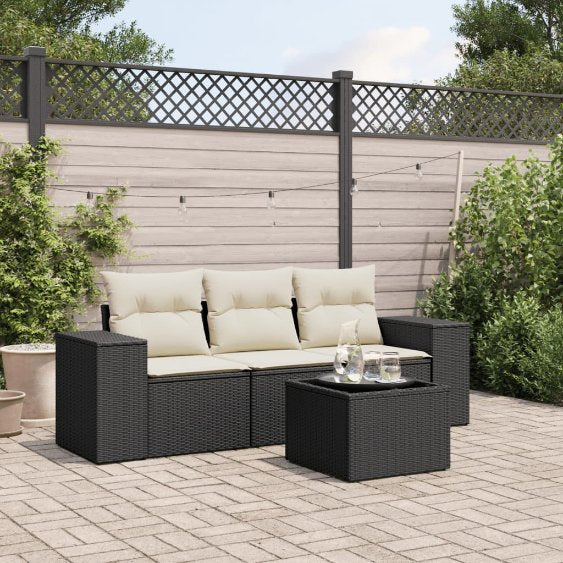 3-tlg. Garten-Sofagarnitur mit Kissen Schwarz Poly Rattan