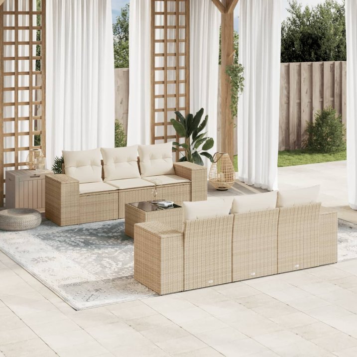 7-tlg. Garten-Sofagarnitur mit Kissen Schwarz Poly Rattan