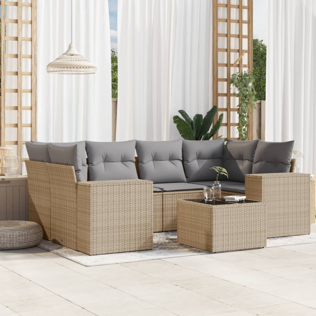 7-tlg. Garten-Sofagarnitur mit Kissen Schwarz Poly Rattan