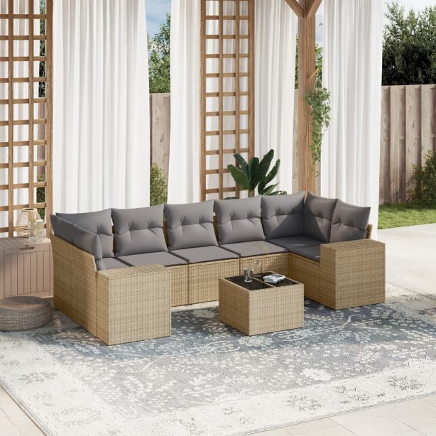 8-tlg. Garten-Sofagarnitur mit Kissen Schwarz Poly Rattan