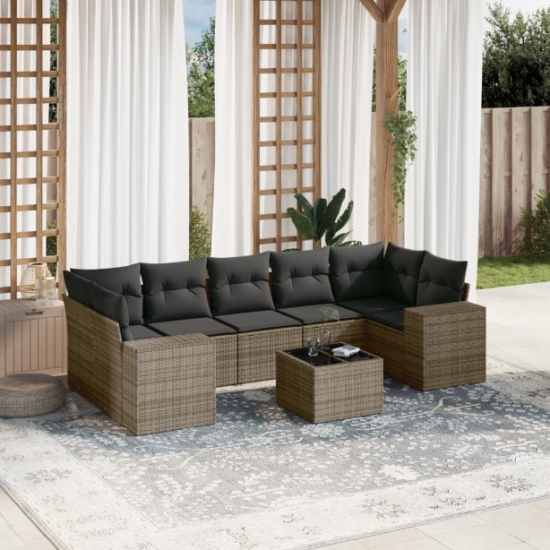 8-tlg. Garten-Sofagarnitur mit Kissen Schwarz Poly Rattan