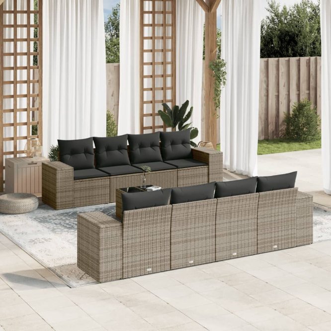 9-tlg. Garten-Sofagarnitur mit Kissen Schwarz Poly Rattan