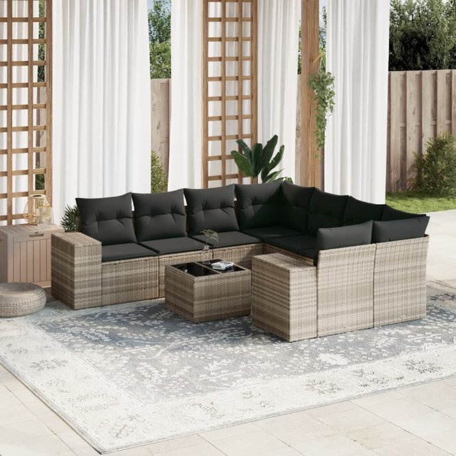 9-tlg. Garten-Sofagarnitur mit Kissen Schwarz Poly Rattan