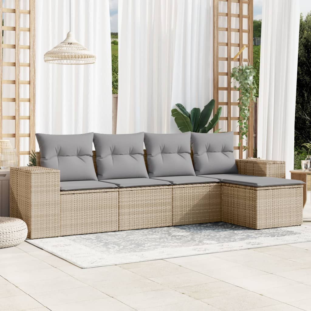 5-tlg. Garten-Sofagarnitur mit Kissen Schwarz Poly Rattan