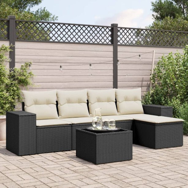 5-tlg. Garten-Sofagarnitur mit Kissen Schwarz Poly Rattan