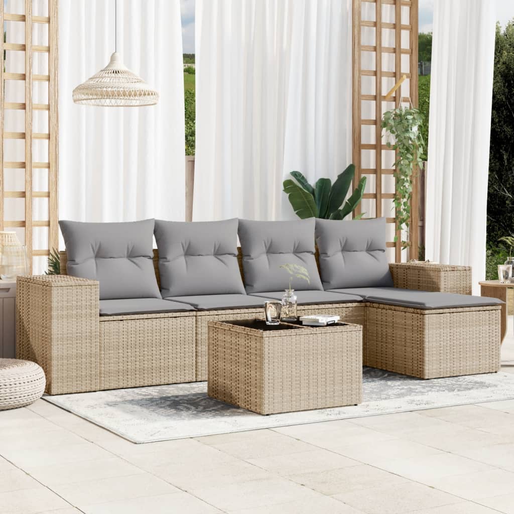 5-tlg. Garten-Sofagarnitur mit Kissen Schwarz Poly Rattan