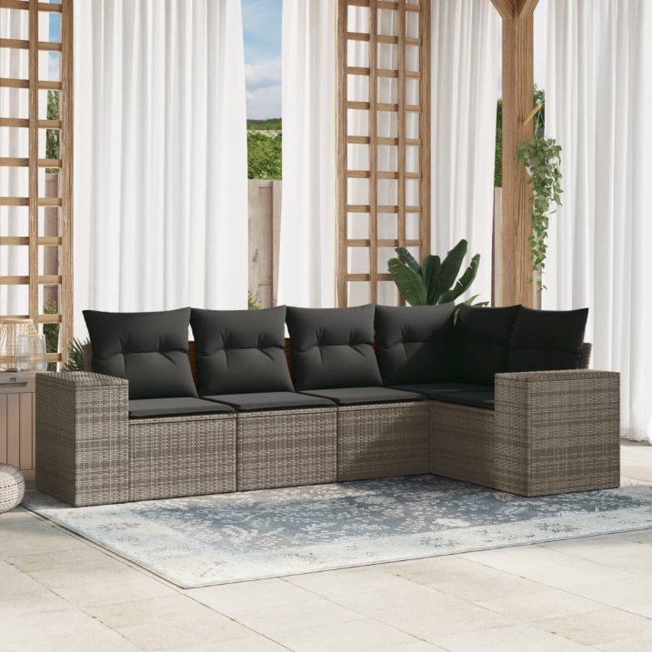 5-tlg. Garten-Sofagarnitur mit Kissen Schwarz Poly Rattan