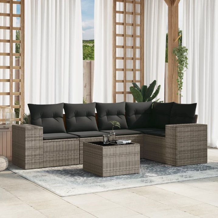 5-tlg. Garten-Sofagarnitur mit Kissen Schwarz Poly Rattan