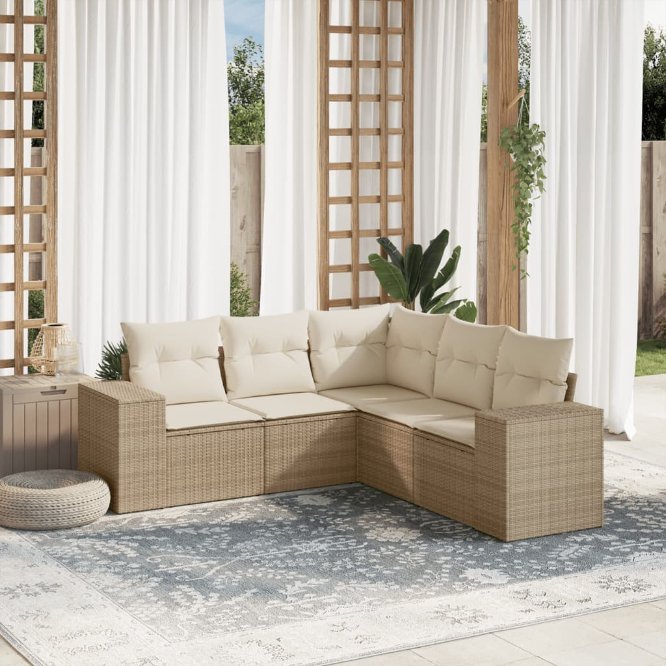 5-tlg. Garten-Sofagarnitur mit Kissen Schwarz Poly Rattan