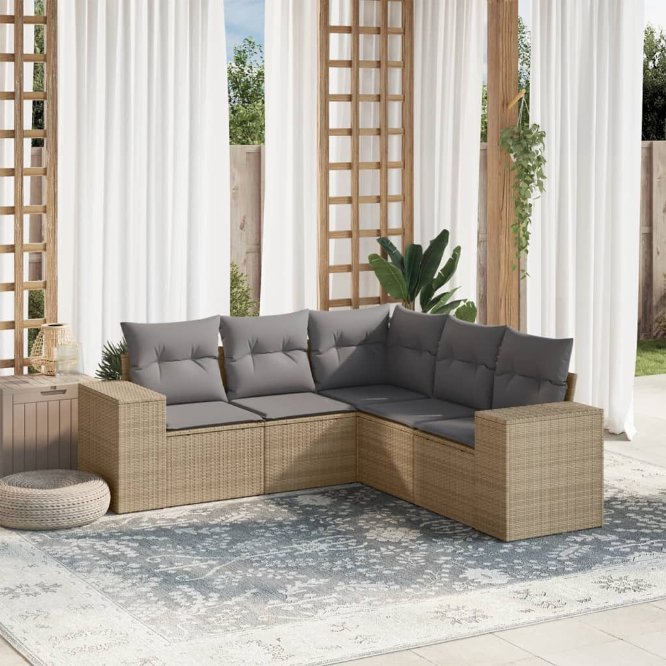 5-tlg. Garten-Sofagarnitur mit Kissen Schwarz Poly Rattan