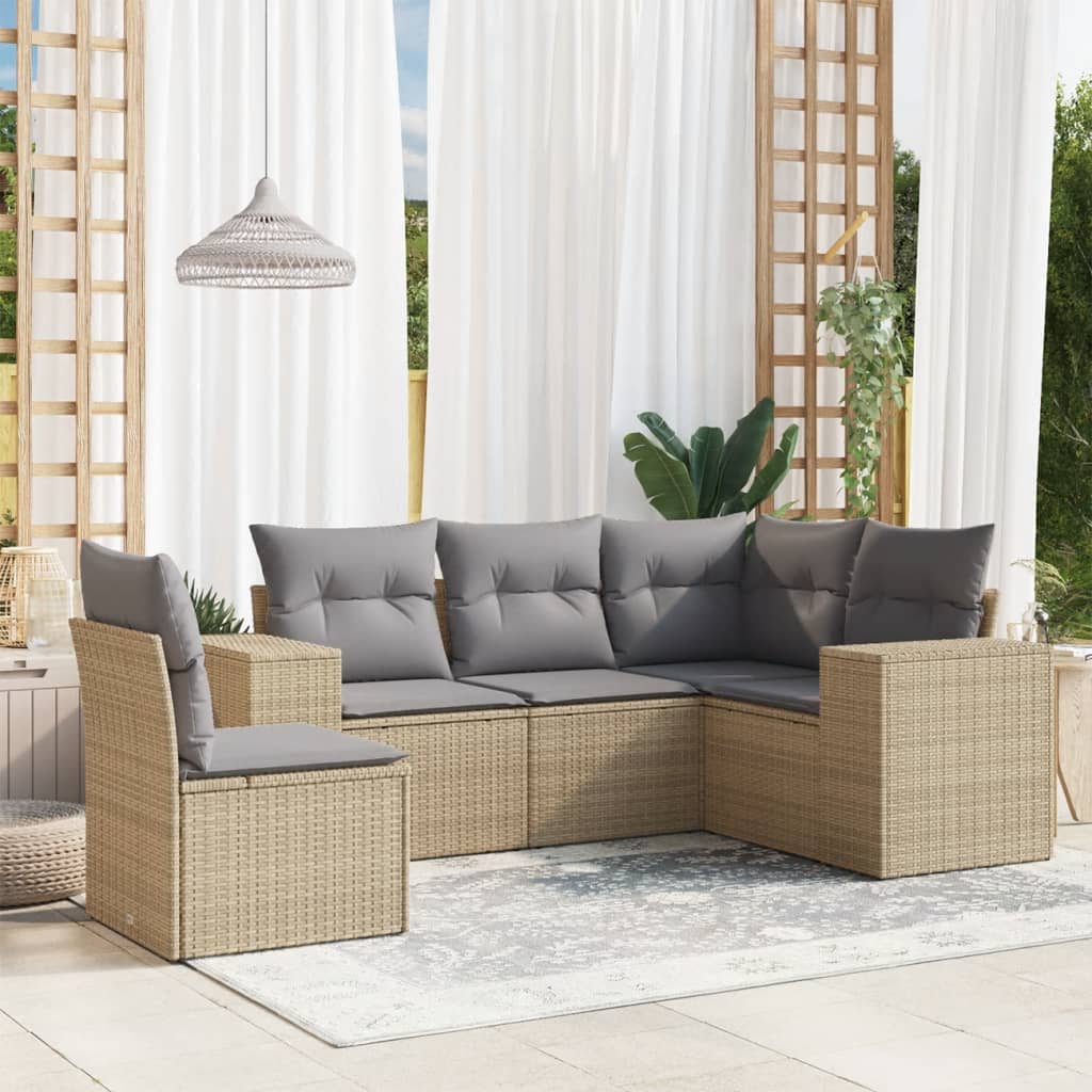5-tlg. Garten-Sofagarnitur mit Kissen Schwarz Poly Rattan