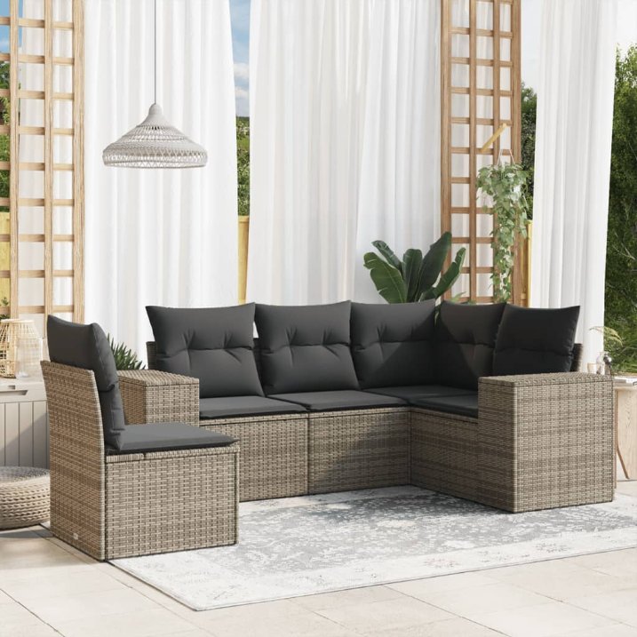 5-tlg. Garten-Sofagarnitur mit Kissen Schwarz Poly Rattan