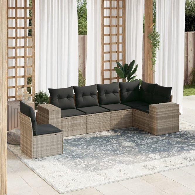 6-tlg. Garten-Sofagarnitur mit Kissen Schwarz Poly Rattan